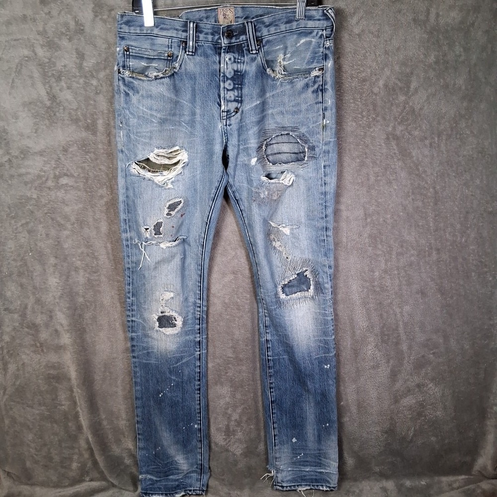 PRPS Jeansβ Mens 32x34 Demon Slim Straight Destroyed Button Fly Blue E74P66P